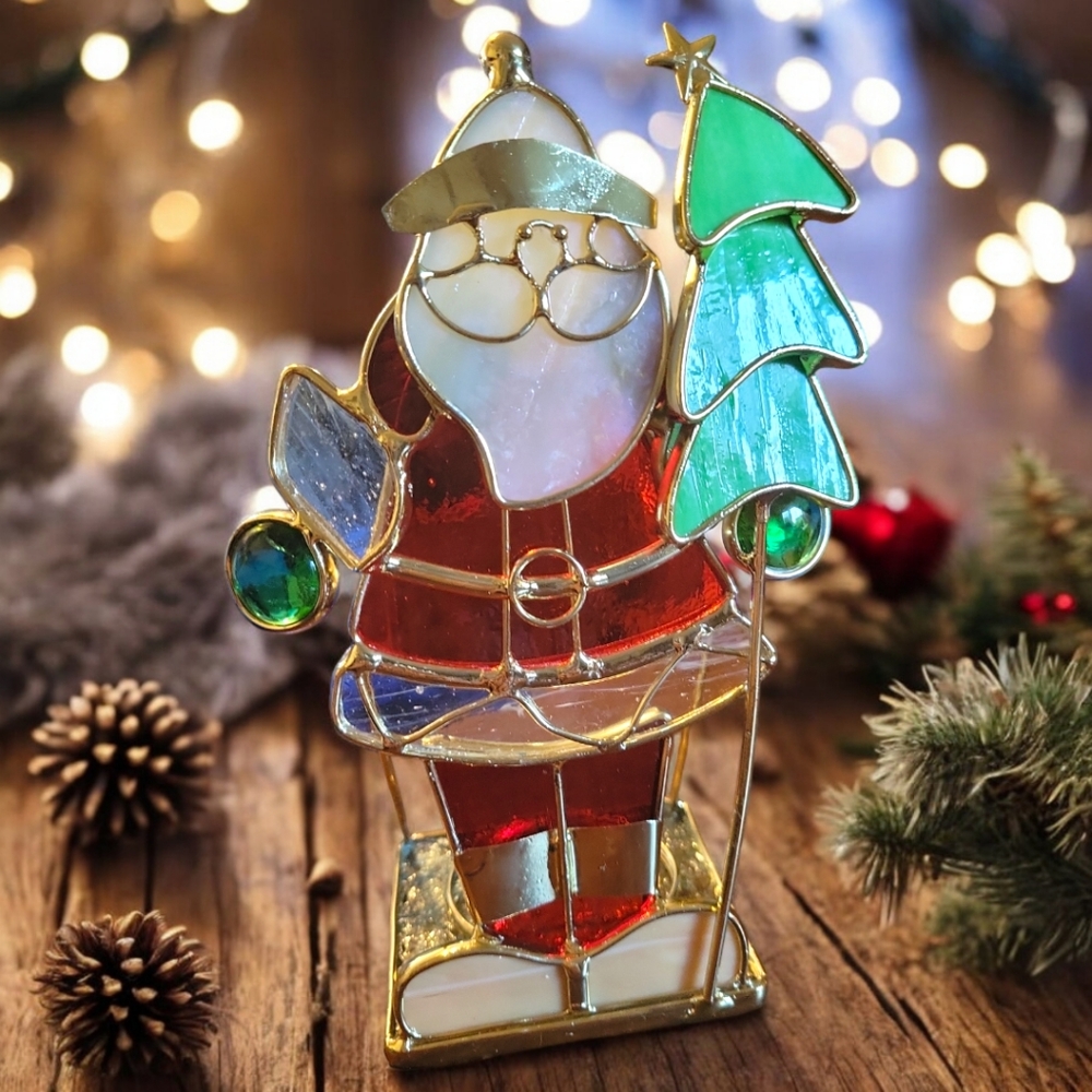 Vtg 90's Stained Glass Christmas Tea Light Votive Candle Holder Brass Trim